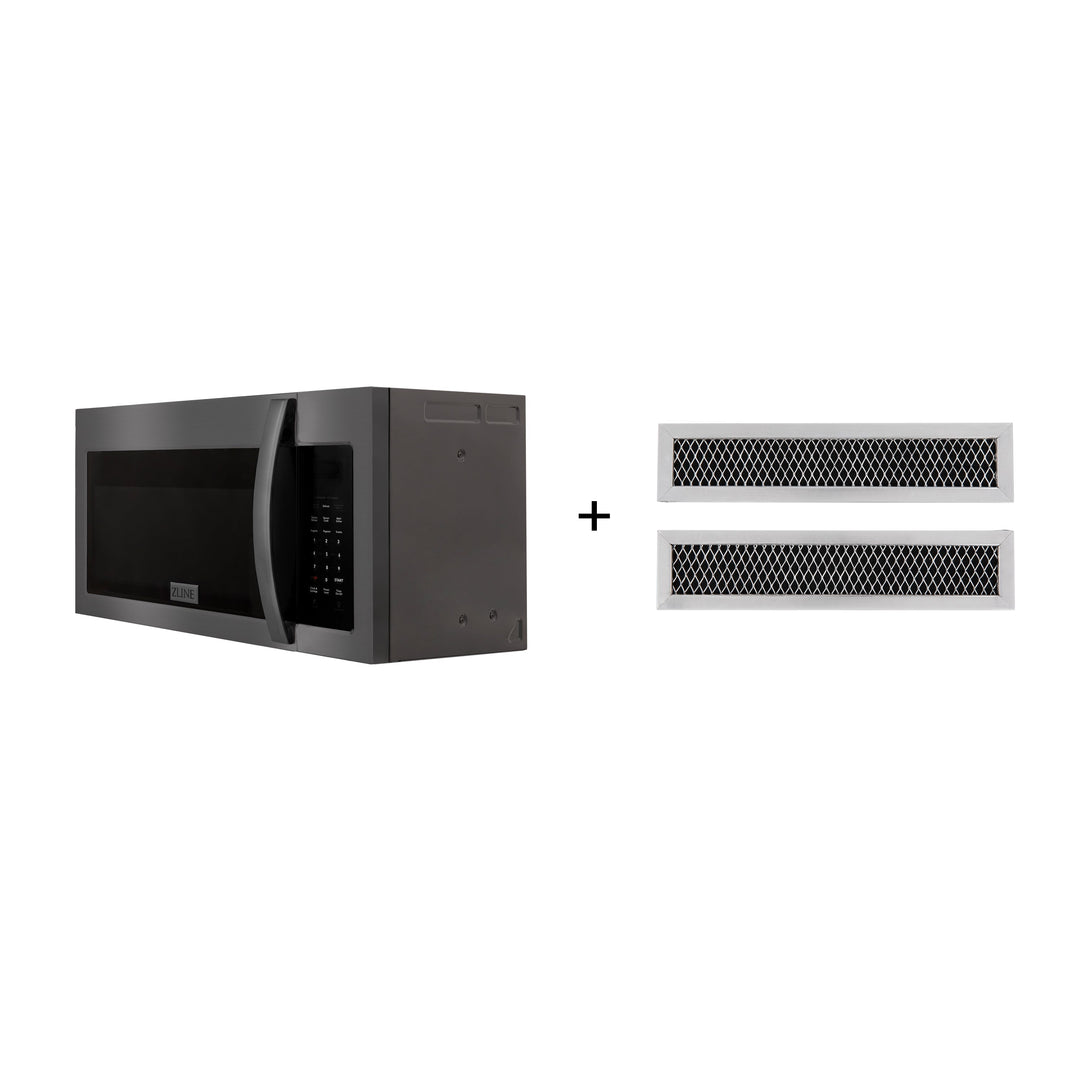ZLINE 30" 1.5 cu. ft. Over the Range Microwave in Black Stainless Steel with Modern Handle and Set of 2 Charcoal Filters, MMWO-OTRCF-30-BS