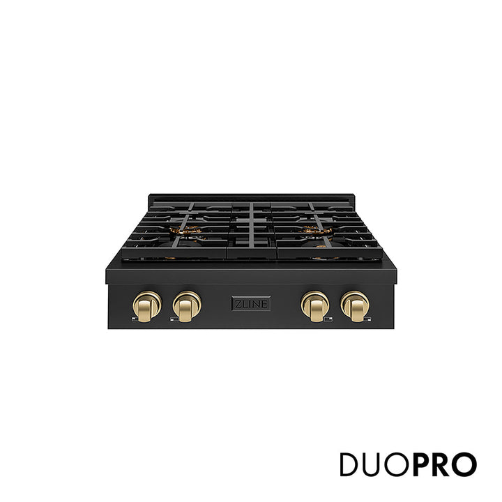 ZLINE Autograph Edition 30 in. Paramount Gas Rangetop with 4 Burner DuoProâ„¢ Cooktop in Black Stainless Steel and Champagne Bronze Accents (PSRTBZ-30-CB)