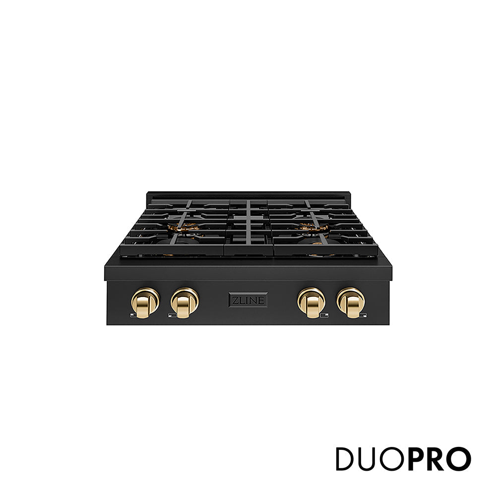 ZLINE Autograph Edition 30 in. Paramount Gas Rangetop with 4 Burner DuoProâ„¢ Cooktop in Black Stainless Steel and Polished Gold Accents (PSRTBZ-30-G)