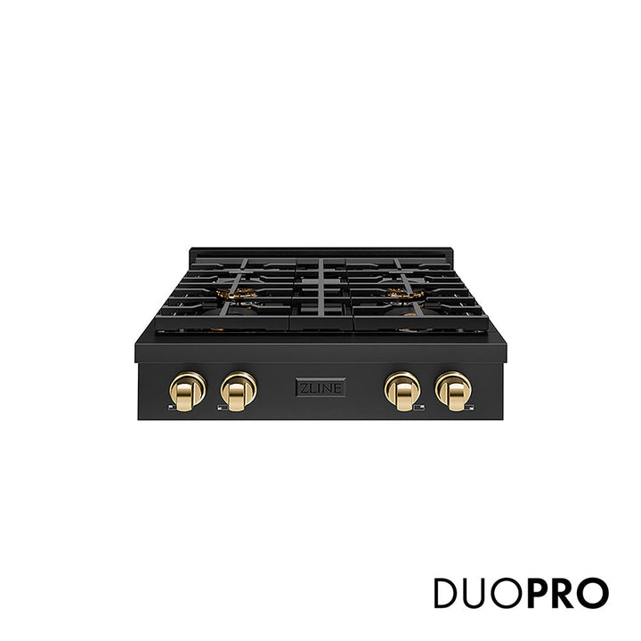 ZLINE Autograph Edition 30 in. Paramount Gas Rangetop with 4 Burner DuoProâ„¢ Cooktop in Black Stainless Steel and Polished Gold Accents (PSRTBZ-30-G)