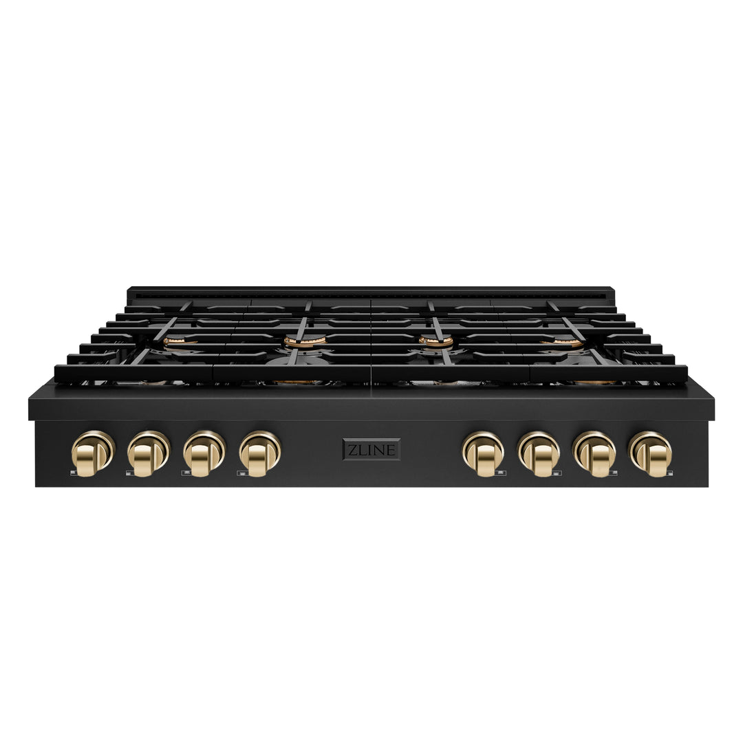 ZLINE 48 in. Autograph Edition Paramount Gas Rangetop with 8 Burners and Porcelain Cooktop in Black Stainless Steel with Polished Gold Accents (SRTBZ-48-G)