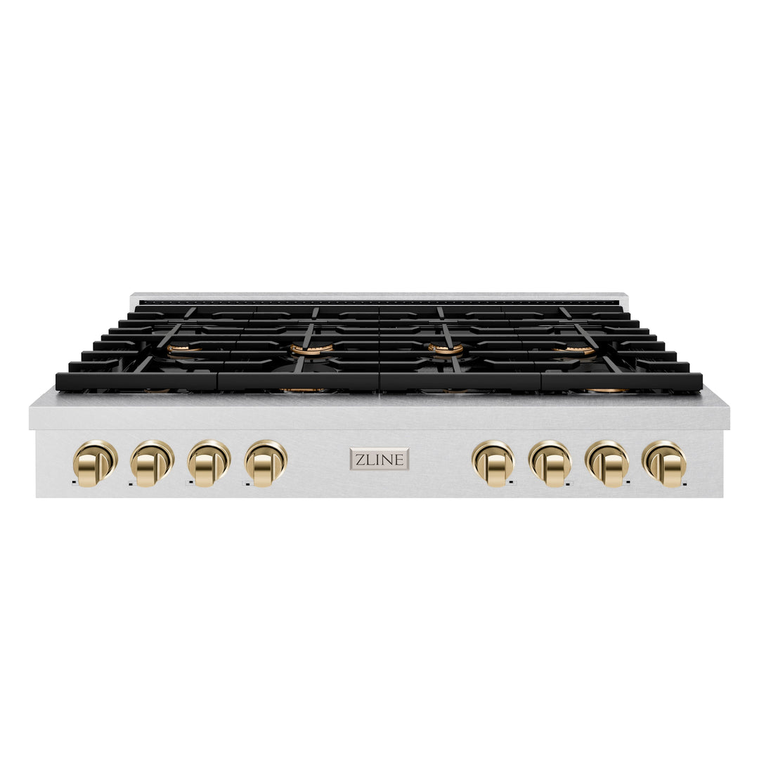 ZLINE 48 in. Autograph Edition Paramount Gas Rangetop with 8 Burners and Porcelain Cooktop in DuraSnow® Stainless Steel with Polished Gold Accents (SRTSZ-48-G)