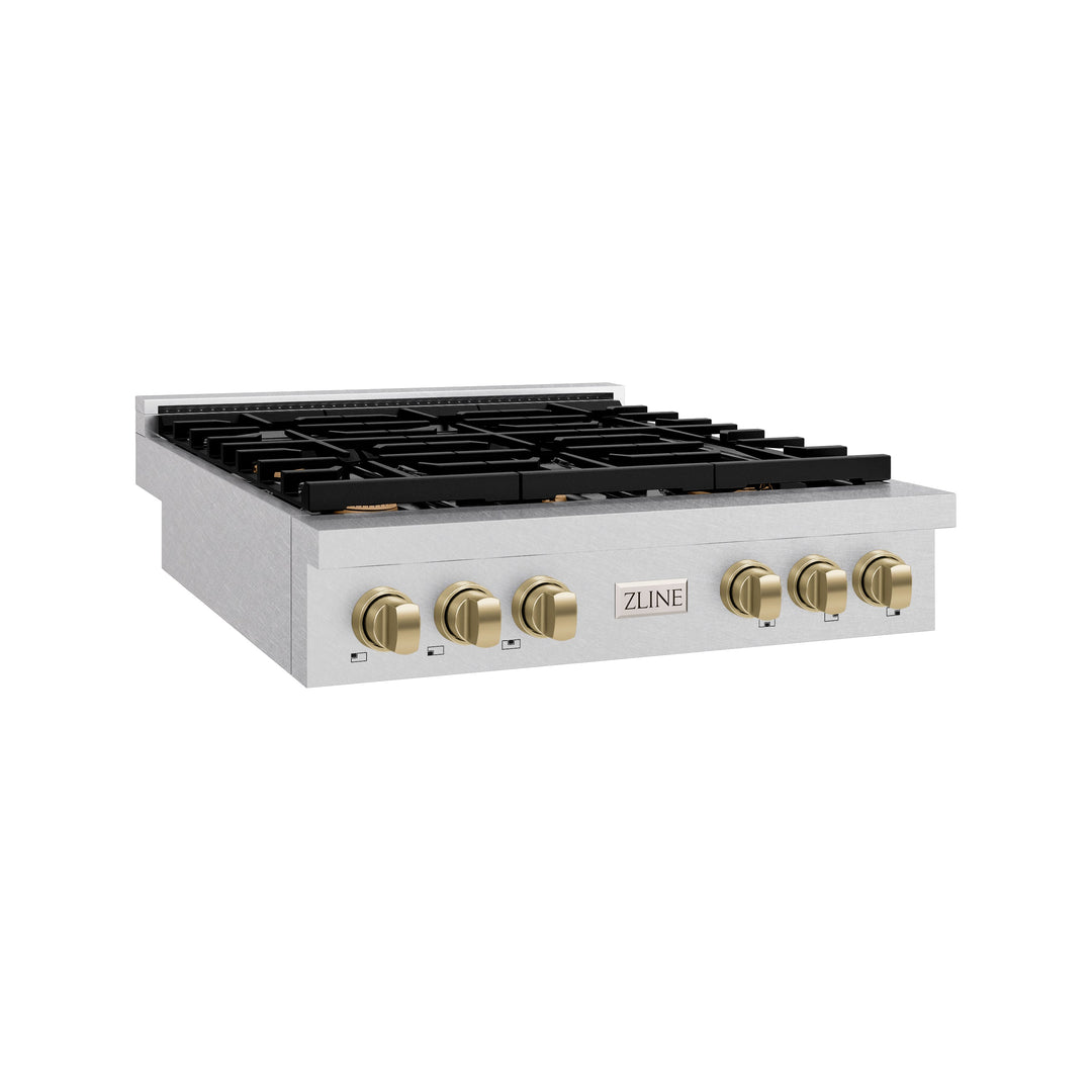 ZLINE 36 in. Autograph Edition Paramount Gas Rangetop with 6 Burners and Porcelain Cooktop in Satin Stainless Steel with Champagne Bronze Accents (SRTSZ-36-CB)