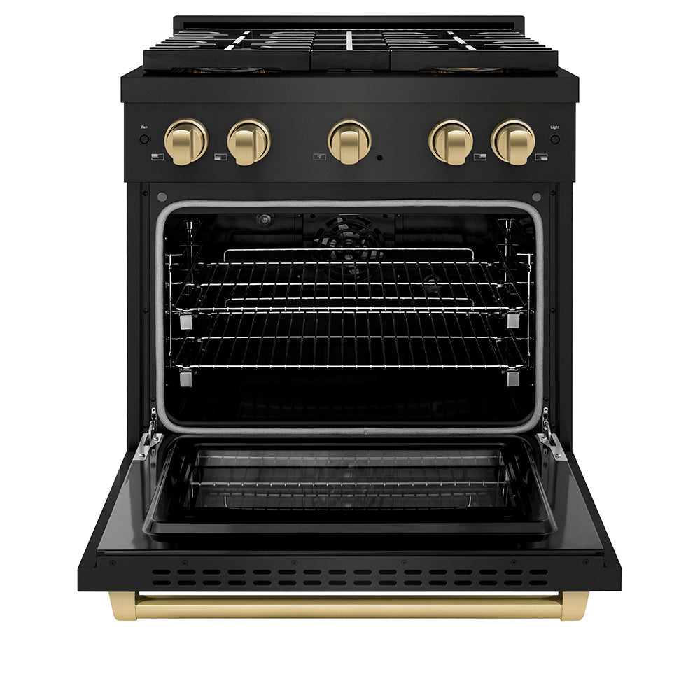 ZLINE Autograph Edition 30 in. 4.2 cu. ft. Paramount Dual Fuel Range with 4 Burner DuoProâ„¢ Cooktop and Electric Convection Oven in Black Stainless Steel and Champagne Bronze Accents (PSDRBZ-30-CB)