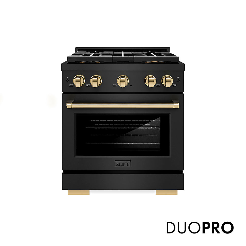 ZLINE Autograph Edition 30 in. 4.2 cu. ft. Paramount Dual Fuel Range with 4 Burner DuoProâ„¢ Cooktop and Electric Convection Oven in Black Stainless Steel and Polished Gold Accents (PSDRBZ-30-G)