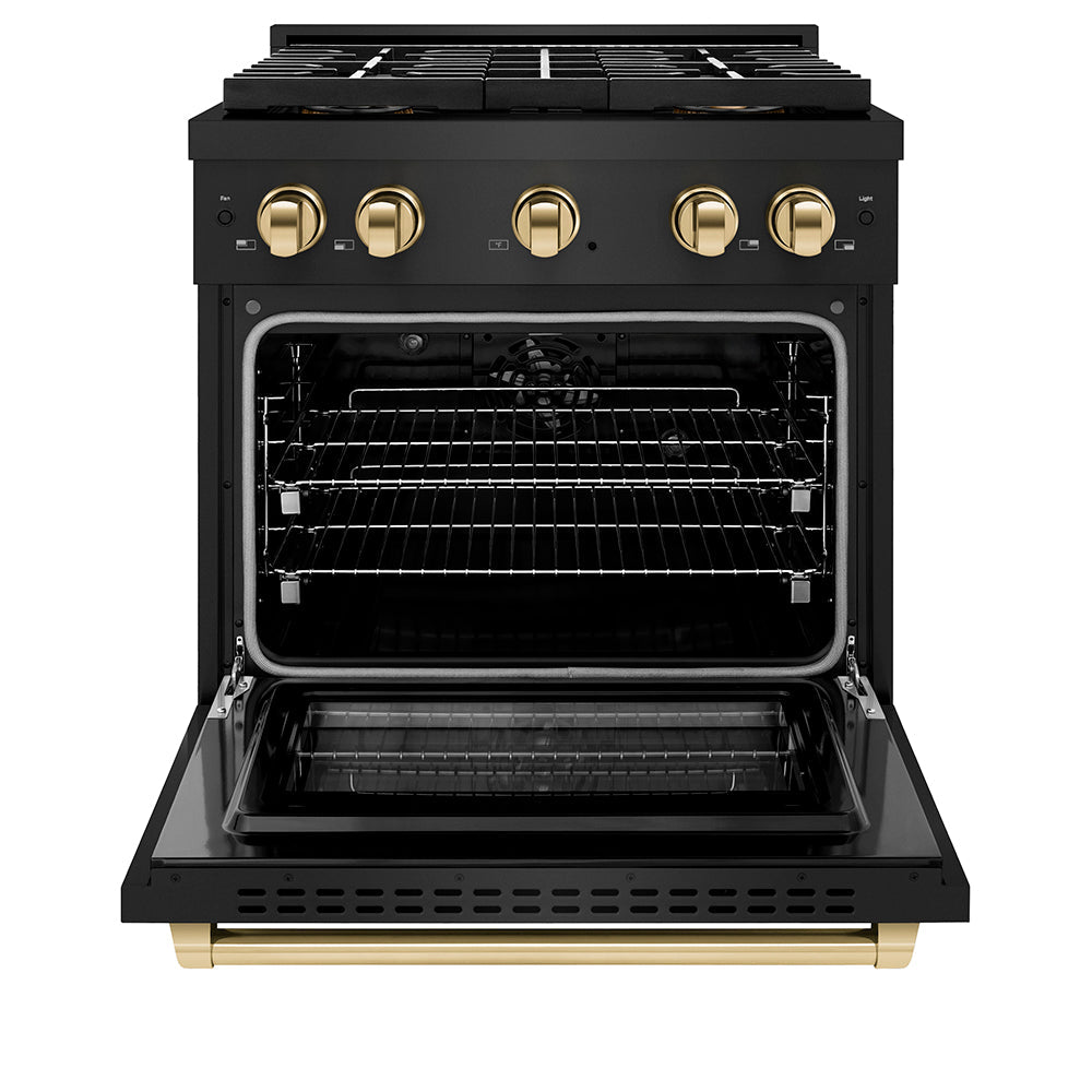 ZLINE Autograph Edition 30 in. 4.2 cu. ft. Paramount Dual Fuel Range with 4 Burner DuoProâ„¢ Cooktop and Electric Convection Oven in Black Stainless Steel and Polished Gold Accents (PSDRBZ-30-G)