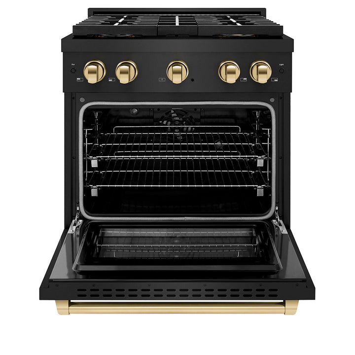 ZLINE Autograph Edition 30 in. 4.2 cu. ft. Paramount Dual Fuel Range with 4 Burner DuoProâ„¢ Cooktop and Electric Convection Oven in Black Stainless Steel and Polished Gold Accents (PSDRBZ-30-G)