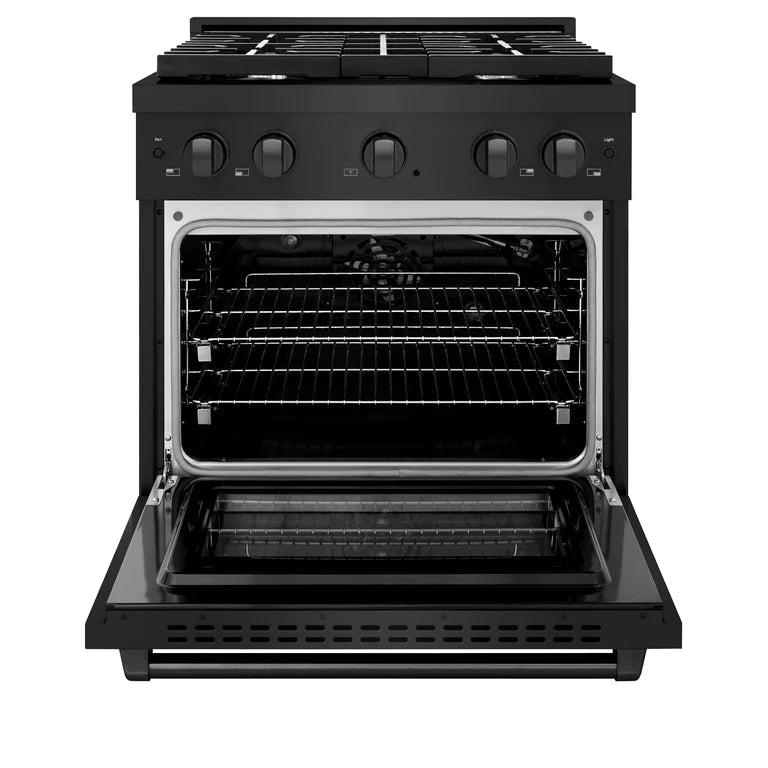 ZLINE Appliance Package - 30 In. Gas Range with Brass Burners, Microwave Oven, Range Hood in Black Stainless Steel, 3KP-SGRBRHMWO-30