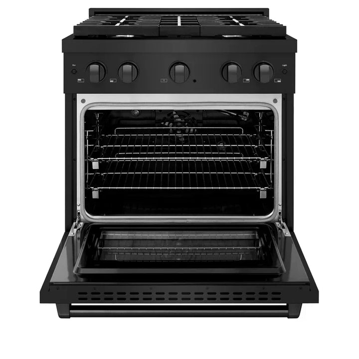 ZLINE Appliance Package - 30 In. Gas Range, Range Hood, Microwave and Dishwasher in Black Stainless Steel, 4KP-RGBRH30-MWDW