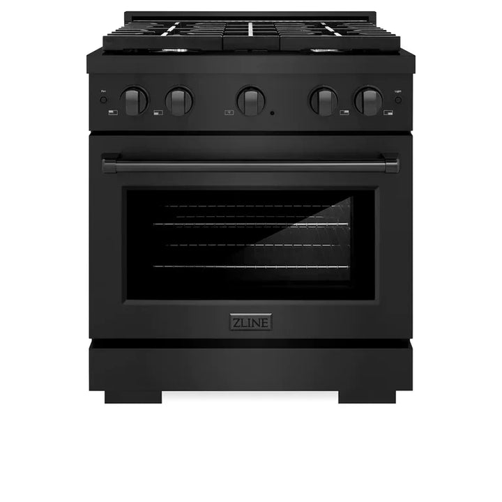ZLINE Appliance Package - 30 In. Gas Range, Range Hood, Microwave and Dishwasher in Black Stainless Steel, 4KP-RGBRH30-MWDW