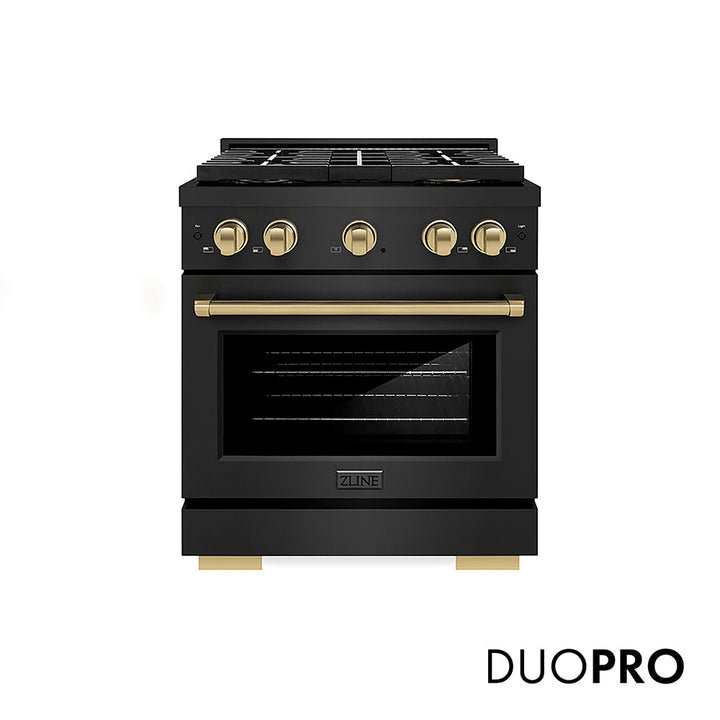 ZLINE Autograph Edition 30 in. 4.2 cu. ft. Paramount Gas Range with 4 Burner DuoProâ„¢ Cooktop and Convection Gas Oven in Black Stainless Steel and Champagne Bronze Accents (PSGRBZ-30-CB)