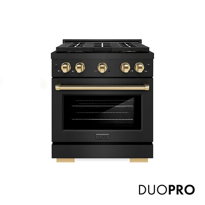 ZLINE Autograph Edition 30 in. 4.2 cu. ft. Paramount Gas Range with 4 Burner DuoProâ„¢ Cooktop and Convection Gas Oven in Black Stainless Steel and Polished Gold Accents (PSGRBZ-30-G)
