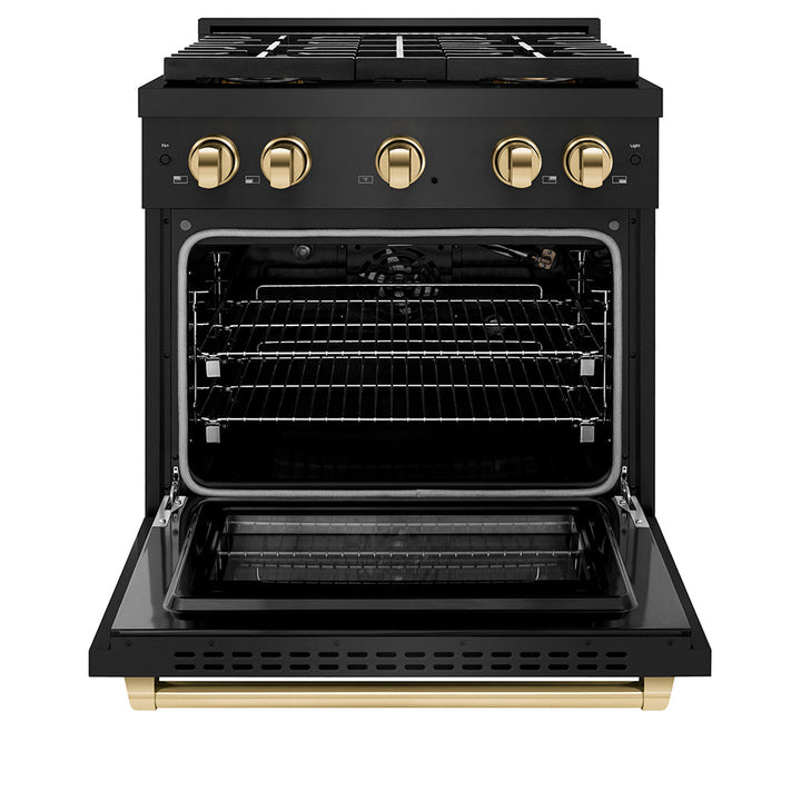 ZLINE Autograph Edition 30 in. 4.2 cu. ft. Paramount Gas Range with 4 Burner DuoProâ„¢ Cooktop and Convection Gas Oven in Black Stainless Steel and Polished Gold Accents (PSGRBZ-30-G)