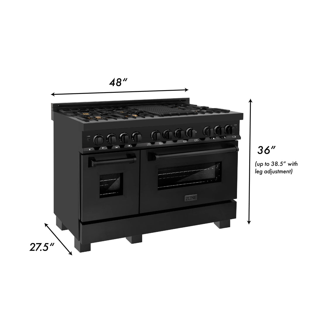 ZLINE 48 in. 6.0 cu. ft. Legacy Dual Fuel Range with Gas Cooktop and 2 Electric Ovens in Black Stainless Steel with 6 Brass Burners (RAB-BR-48)