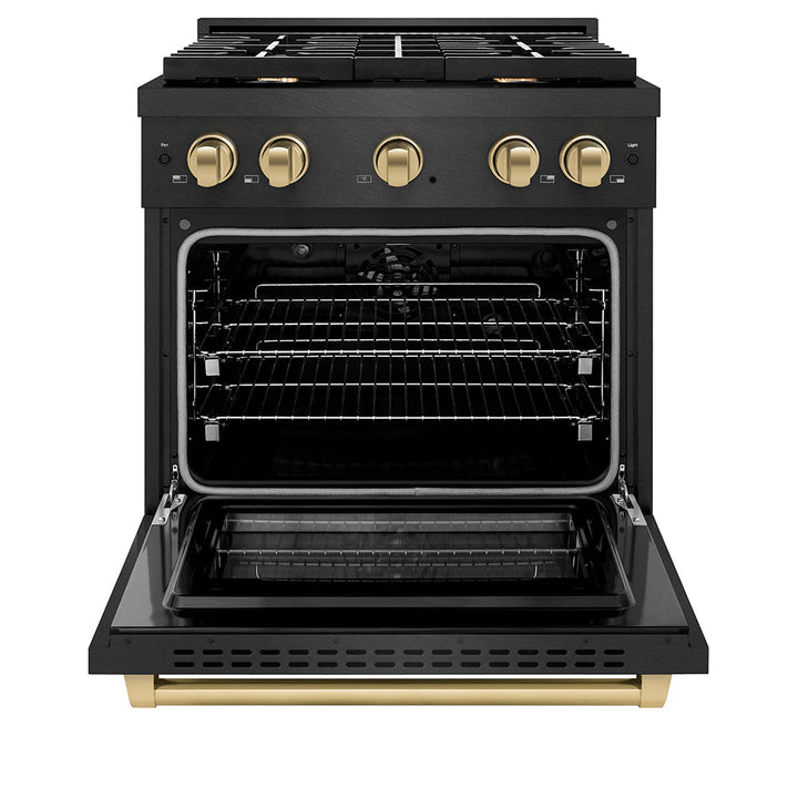 ZLINE Autograph Edition 30 in. 4.2 cu. ft. Paramount Dual Fuel Range with 4 Burner Gas Cooktop and Electric Convection Oven in Black Satin Stainless Steel with Champagne Bronze Accents (SDRBSZ-30-CB)