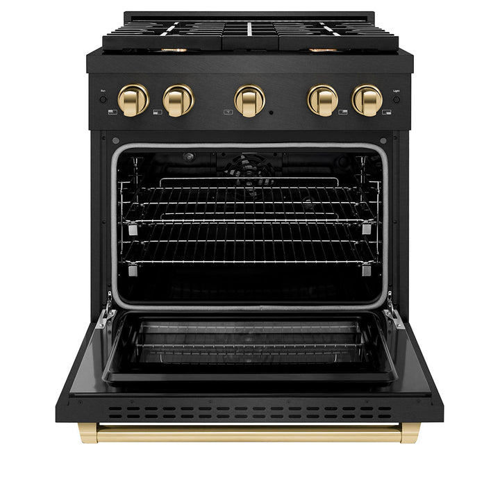 ZLINE Autograph Edition 30 in. 4.2 cu. ft. Paramount Dual Fuel Range with 4 Burner Gas Cooktop and Electric Convection Oven in Black Satin Stainless Steel with Polished Gold Accents (SDRBSZ-30-G)