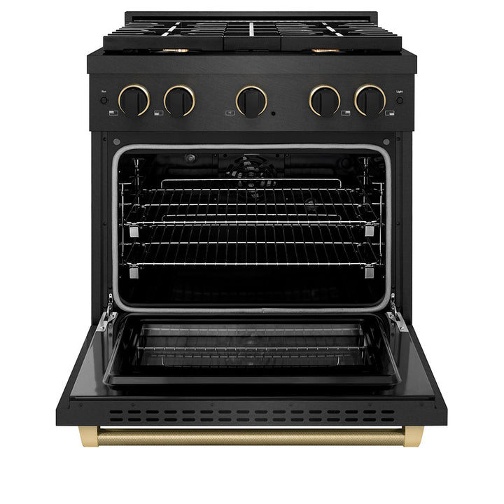 ZLINE Designer Collection 30 in. 4.2 cu. ft. Paramount Dual Fuel Range with 4 Burner Gas Cooktop and Electric Convection Oven in Black Satin Stainless Steel with Matte Black and Champagne Bronze Accents (SDRBSZ-30-MBCB)