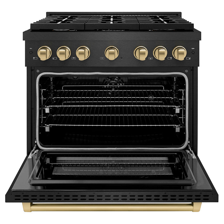 ZLINE Autograph Edition 36 in. 5.2 cu. ft. Paramount Dual Fuel Range with 6 Burner Gas Cooktop and Electric Convection Oven in Black Satin Stainless Steel with Champagne Bronze Accents (SDRBSZ-36-CB)