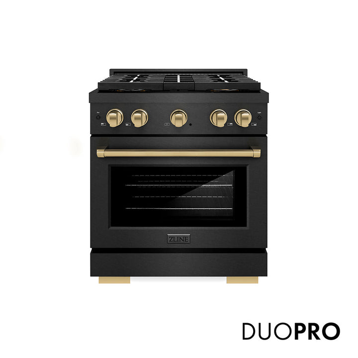 ZLINE Autograph Edition 30 in. 4.2 cu. ft. Paramount Dual Fuel Range with 4 Burner DuoProâ„¢ Cooktop and Electric Convection Oven in Black Satin Stainless Steel and Champagne Bronze Accents (PSDRBSZ-30-CB)