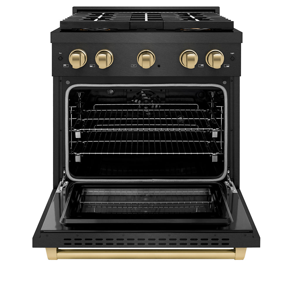 ZLINE Autograph Edition 30 in. 4.2 cu. ft. Paramount Dual Fuel Range with 4 Burner DuoProâ„¢ Cooktop and Electric Convection Oven in Black Satin Stainless Steel and Champagne Bronze Accents (PSDRBSZ-30-CB)