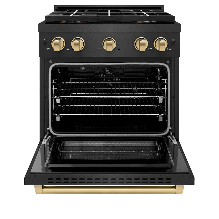 ZLINE Autograph Edition 30 in. 4.2 cu. ft. Paramount Dual Fuel Range with 4 Burner DuoProâ„¢ Cooktop and Electric Convection Oven in Black Satin Stainless Steel and Champagne Bronze Accents (PSDRBSZ-30-CB)