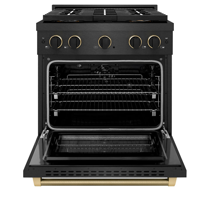 ZLINE Designer Collection 30 in. 4.2 cu. ft. Paramount Dual Fuel Range with 4 Burner DuoProâ„¢ Cooktop and Electric Convection Oven in Black Satin Stainless Steel with Matte Black and Champagne Bronze Accents (PSDRBSZ-30-MBCB)