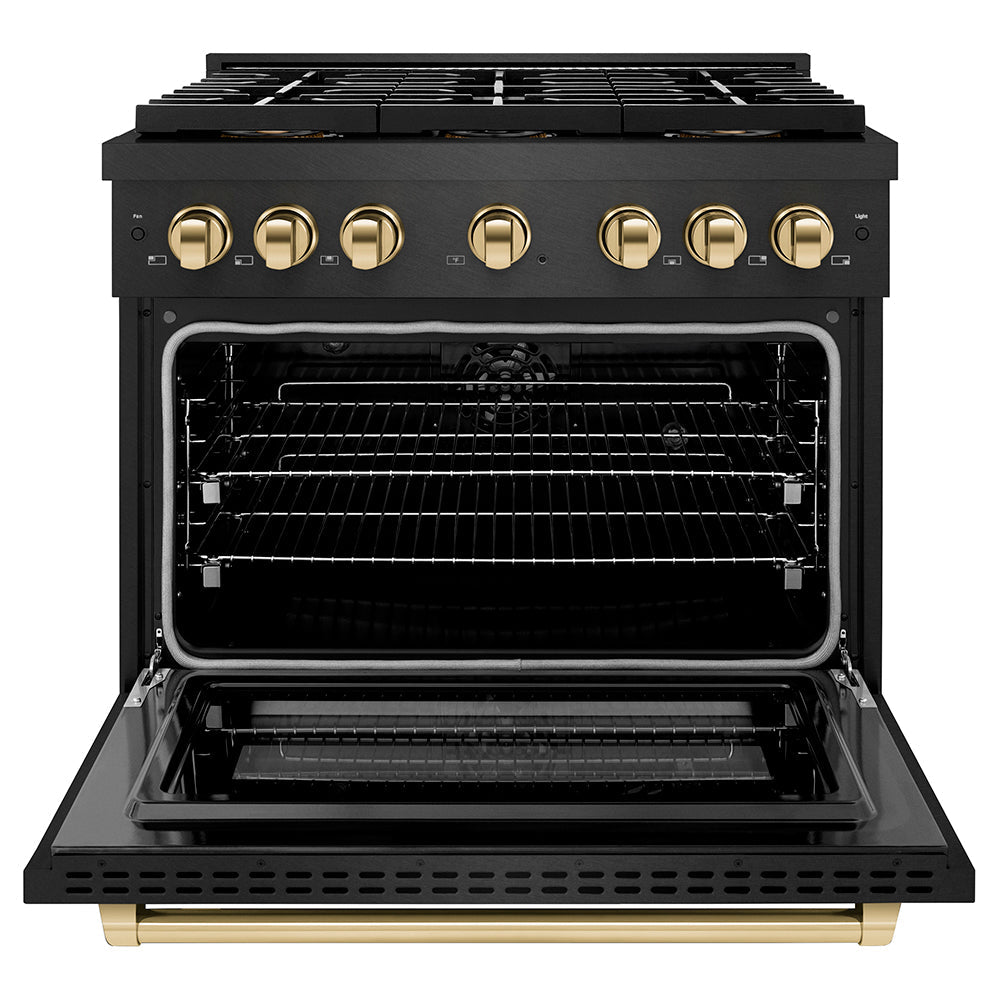 ZLINE Autograph Edition 36 in. 5.2 cu. ft. Paramount Dual Fuel Range with 6 Burner DuoProâ„¢ Cooktop and Electric Convection Oven in Black Satin Stainless Steel and Polished Gold Accents (PSDRBSZ-36-G)