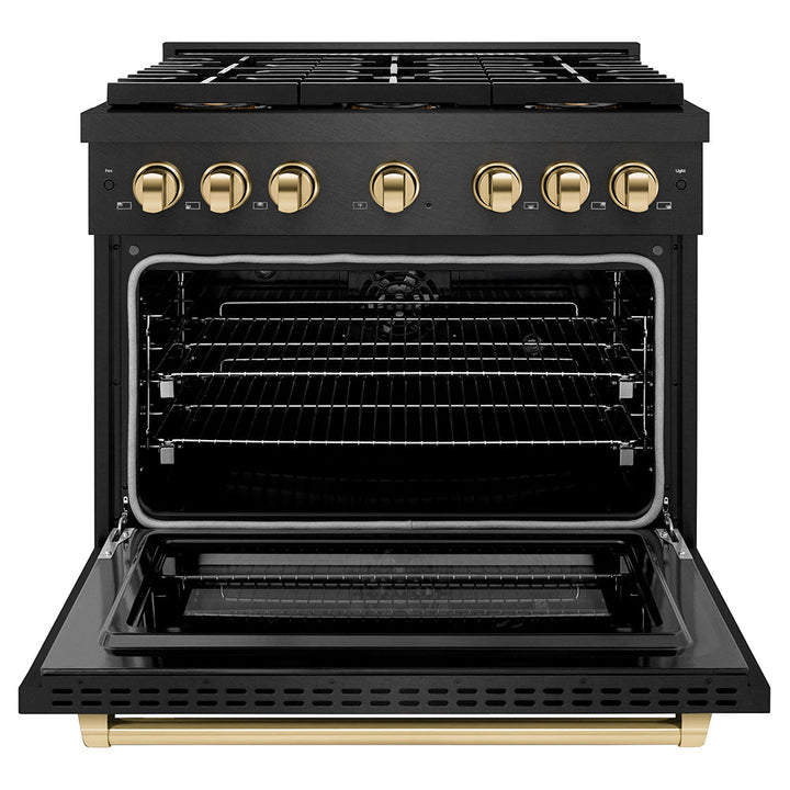 ZLINE Autograph Edition 36 in. 5.2 cu. ft. Paramount Dual Fuel Range with 6 Burner DuoProâ„¢ Cooktop and Electric Convection Oven in Black Satin Stainless Steel and Polished Gold Accents (PSDRBSZ-36-G)