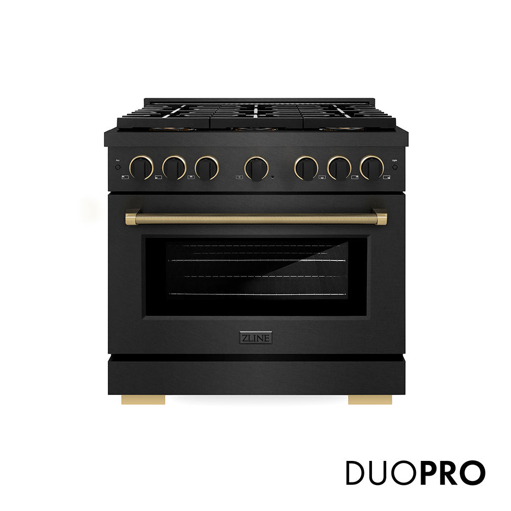 ZLINE Designer Collection 36 in. 5.2 cu. ft. Paramount Dual Fuel Range with 6 Burner DuoProâ„¢ Cooktop and Electric Convection Oven in Black Satin Stainless Steel with Matte Black and Champagne Bronze Accents (PSDRBSZ-36-MBCB)