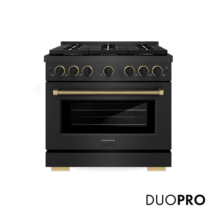 ZLINE Designer Collection 36 in. 5.2 cu. ft. Paramount Dual Fuel Range with 6 Burner DuoProâ„¢ Cooktop and Electric Convection Oven in Black Satin Stainless Steel with Matte Black and Champagne Bronze Accents (PSDRBSZ-36-MBCB)