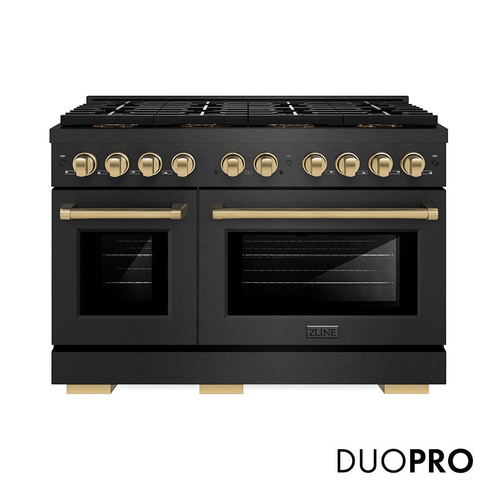 ZLINE Autograph Edition 48 in. 6.7 cu. ft. Paramount Dual Fuel Range with 8 Burner DuoProâ„¢ Cooktop and Dual Ovens in Black Satin Stainless Steel and Champagne Bronze Accents (PSDRBSZ-48-CB)