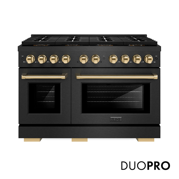 ZLINE Autograph Edition 48 in. 6.7 cu. ft. Paramount Dual Fuel Range with 8 Burner DuoProâ„¢ Cooktop and Dual Ovens in Black Satin Stainless Steel and Polished Gold Accents (PSDRBSZ-48-G)