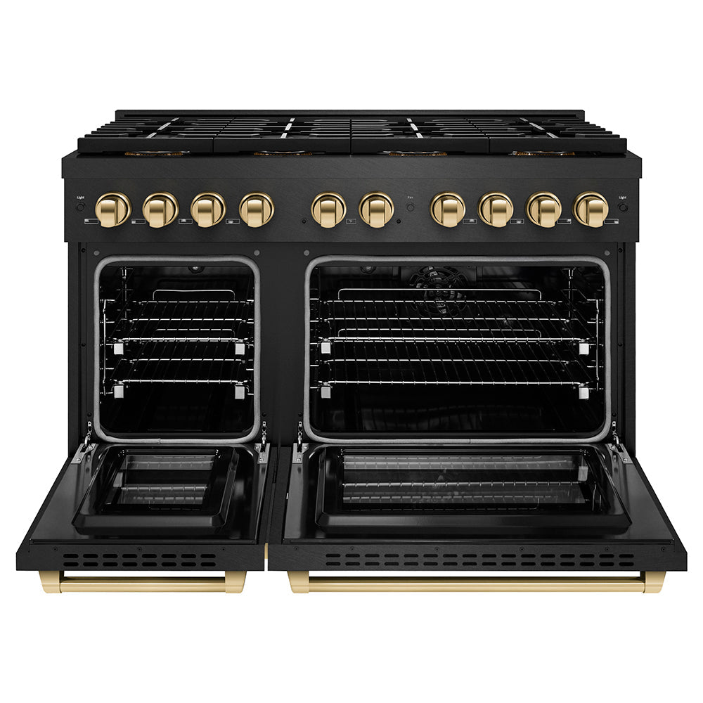 ZLINE Autograph Edition 48 in. 6.7 cu. ft. Paramount Dual Fuel Range with 8 Burner DuoProâ„¢ Cooktop and Dual Ovens in Black Satin Stainless Steel and Polished Gold Accents (PSDRBSZ-48-G)