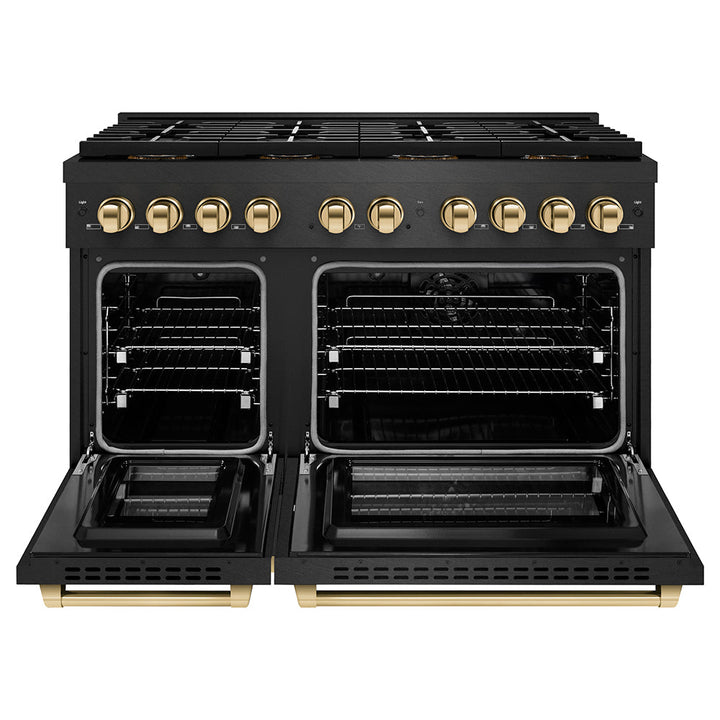 ZLINE Autograph Edition 48 in. 6.7 cu. ft. Paramount Dual Fuel Range with 8 Burner DuoProâ„¢ Cooktop and Dual Ovens in Black Satin Stainless Steel and Polished Gold Accents (PSDRBSZ-48-G)