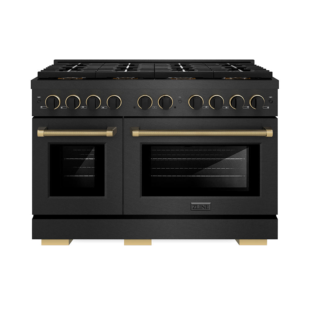 ZLINE Designer Collection 48 in. 6.7 cu. ft. Paramount Dual Fuel Range with 8 Burner DuoProâ„¢ Cooktop and Dual Ovens in Black Satin Stainless Steel with Matte Black and Champagne Bronze Accents (PSDRBSZ-48-MBCB)