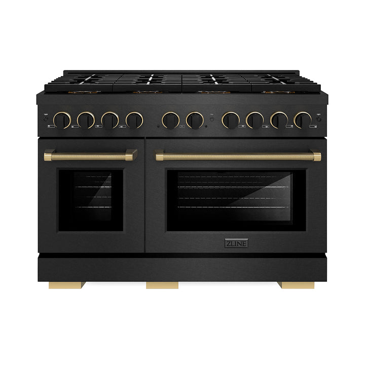 ZLINE Designer Collection 48 in. 6.7 cu. ft. Paramount Dual Fuel Range with 8 Burner DuoProâ„¢ Cooktop and Dual Ovens in Black Satin Stainless Steel with Matte Black and Champagne Bronze Accents (PSDRBSZ-48-MBCB)