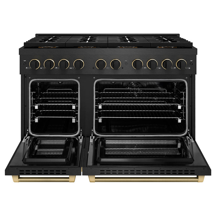 ZLINE Designer Collection 48 in. 6.7 cu. ft. Paramount Dual Fuel Range with 8 Burner DuoProâ„¢ Cooktop and Dual Ovens in Black Satin Stainless Steel with Matte Black and Champagne Bronze Accents (PSDRBSZ-48-MBCB)