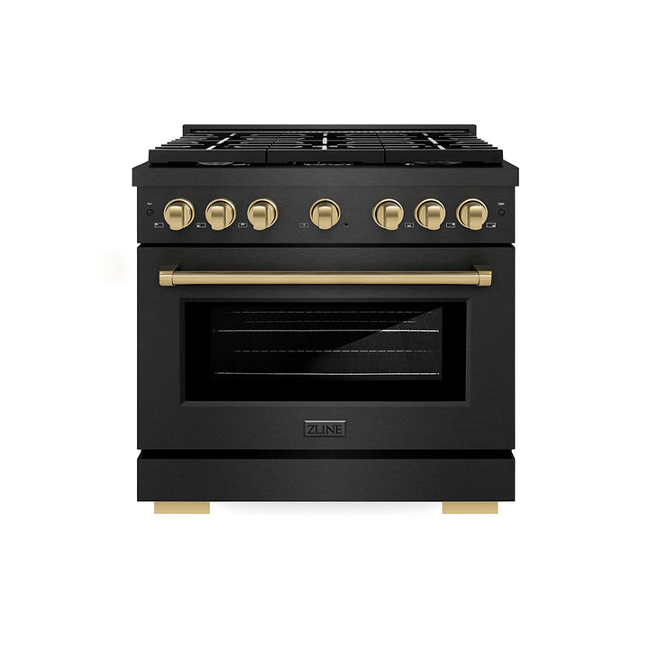 ZLINE Autograph Edition 36 in. 5.2 cu. ft. Paramount Gas Range with 6 Burner Cooktop and Convection Gas Oven in Black Satin Stainless Steel and Champagne Bronze Accents (SGRBSZ-36-CB)