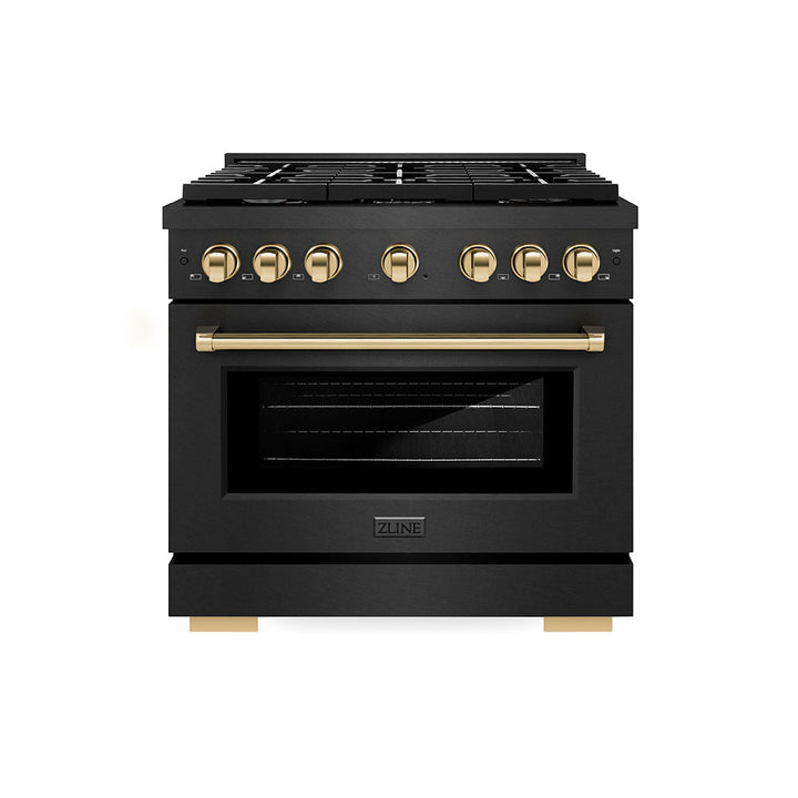 ZLINE Autograph Edition 36 in. 5.2 cu. ft. Paramount Gas Range with 6 Burner Cooktop and Convection Gas Oven in Black Satin Stainless Steel and Polished Gold Accents (SGRBSZ-36-G)