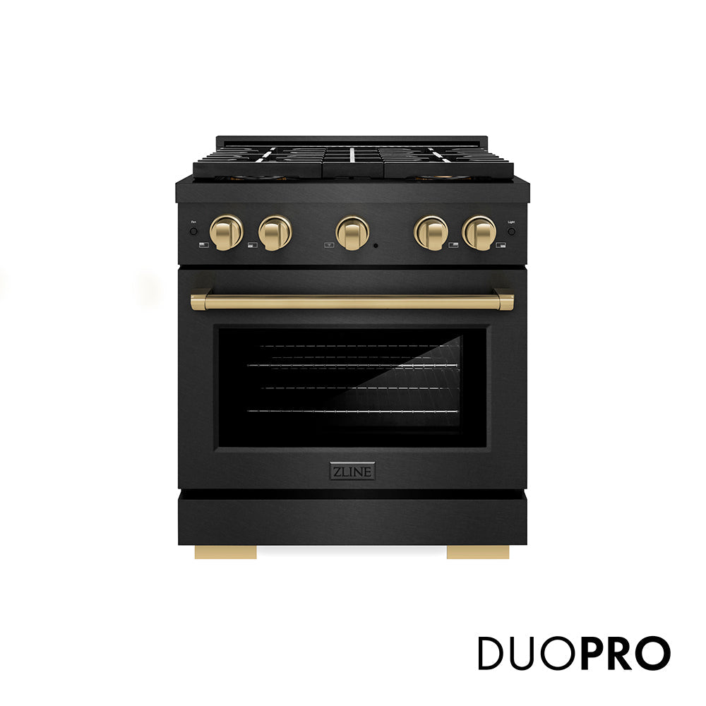 ZLINE Autograph Edition 30 in. 4.2 cu. ft. Paramount Gas Range with 4 Burner DuoProâ„¢ Cooktop and Convection Gas Oven in Black Satin Stainless Steel and Champagne Bronze Accents (PSGRBSZ-30-CB)