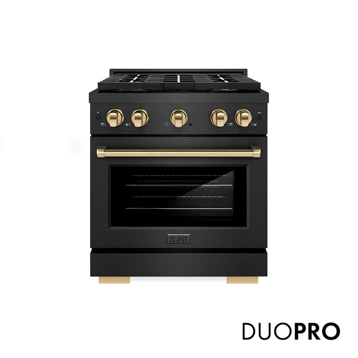 ZLINE Autograph Edition 30 in. 4.2 cu. ft. Paramount Gas Range with 4 Burner DuoProâ„¢ Cooktop and Convection Gas Oven in Black Satin Stainless Steel and Polished Gold Accents (PSGRBSZ-30-G)