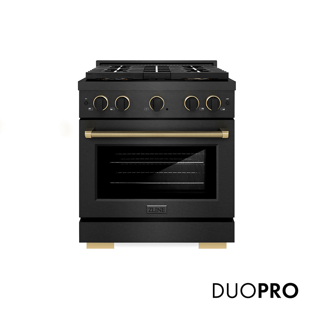 ZLINE Designer Collection 30 in. 4.2 cu. ft. Paramount Gas Range with 4 Burner DuoProâ„¢ Cooktop and Convection Gas Oven in Black Satin Stainless Steel with Matte Black and Champagne Bronze Accents (PSGRBSZ-30-MBCB)