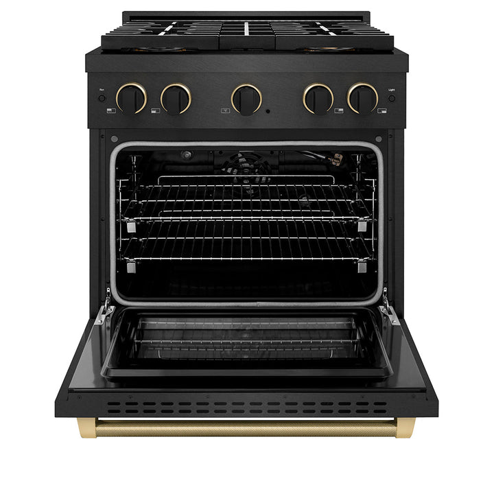 ZLINE Designer Collection 30 in. 4.2 cu. ft. Paramount Gas Range with 4 Burner DuoProâ„¢ Cooktop and Convection Gas Oven in Black Satin Stainless Steel with Matte Black and Champagne Bronze Accents (PSGRBSZ-30-MBCB)