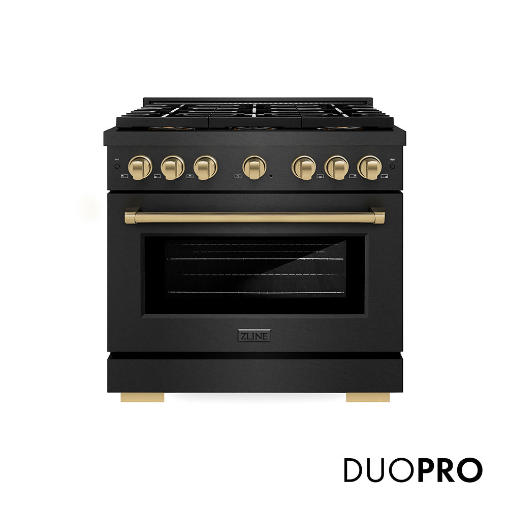 ZLINE Autograph Edition 36 in. 5.2 cu. ft. Paramount Gas Range with 6 Burner DuoProâ„¢ Cooktop and Convection Gas Oven in Black Satin Stainless Steel and Champagne Bronze Accents (PSGRBSZ-36-CB)