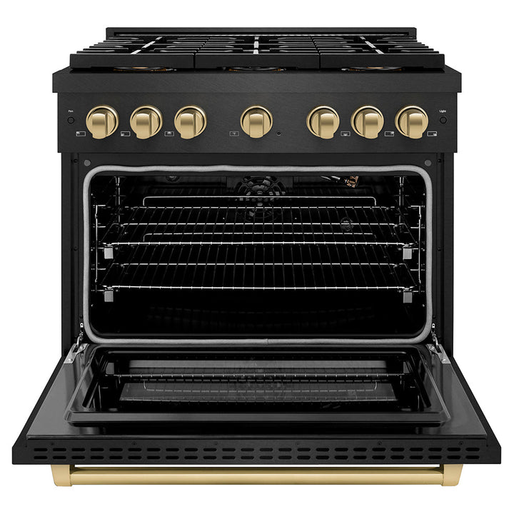 ZLINE Autograph Edition 36 in. 5.2 cu. ft. Paramount Gas Range with 6 Burner DuoProâ„¢ Cooktop and Convection Gas Oven in Black Satin Stainless Steel and Champagne Bronze Accents (PSGRBSZ-36-CB)