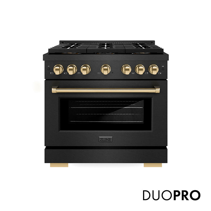 ZLINE Autograph Edition 36 in. 5.2 cu. ft. Paramount Gas Range with 6 Burner DuoProâ„¢ Cooktop and Convection Gas Oven in Black Satin Stainless Steel and Polished Gold Accents (PSGRBSZ-36-G)