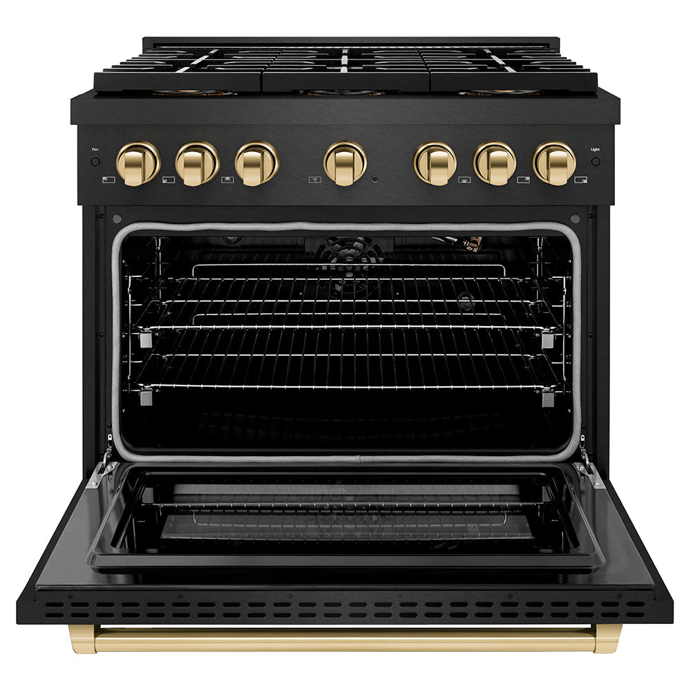 ZLINE Autograph Edition 36 in. 5.2 cu. ft. Paramount Gas Range with 6 Burner DuoProâ„¢ Cooktop and Convection Gas Oven in Black Satin Stainless Steel and Polished Gold Accents (PSGRBSZ-36-G)