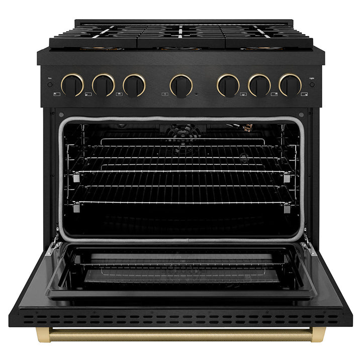 ZLINE Designer Collection 36 in. 5.2 cu. ft. Paramount Gas Range with 6 Burner DuoProâ„¢ Cooktop and Convection Gas Oven in Black Satin Stainless Steel with Matte Black and Champagne Bronze Accents (PSGRBSZ-36-MBCB)