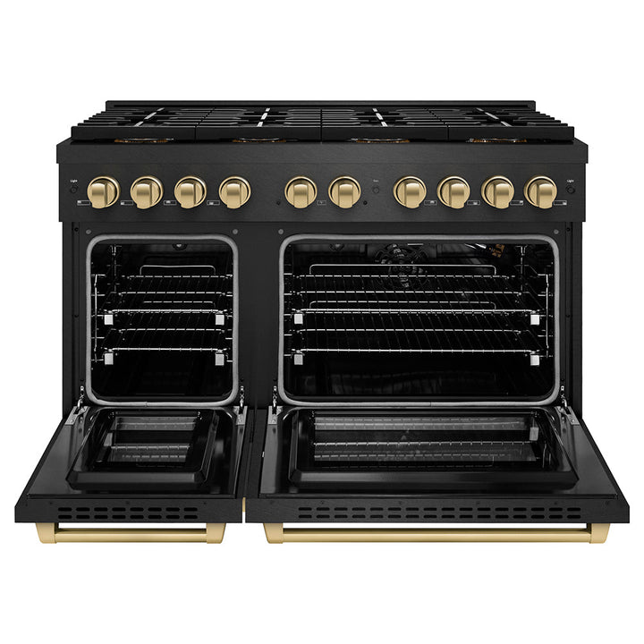 ZLINE Autograph Edition 48 in. 6.7 cu. ft. Paramount Gas Range with 8 Burner DuoProâ„¢ Cooktop and Dual Ovens in Black Satin Stainless Steel and Champagne Bronze Accents (PSGRBSZ-48-CB)