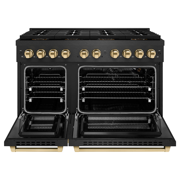 ZLINE Autograph Edition 48 in. 6.7 cu. ft. Paramount Gas Range with 8 Burner DuoProâ„¢ Cooktop and Dual Ovens in Black Satin Stainless Steel and Polished Gold Accents (PSGRBSZ-48-G)